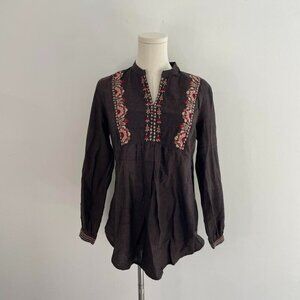 Fabindia Embroidered Cotton Tunic Top  | Dark Brown | Womens Size Medium